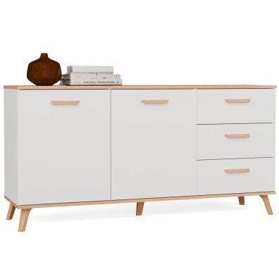 Komoda OLYMPO 2D3S BIAŁA DĄB ARTISAN Szafka 150 Cm 3 Szuflady 2 Drzwi